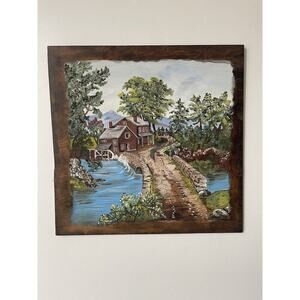 Vintage Original Hand Painted Painting On Wood Landscape Scenic Cottagecore